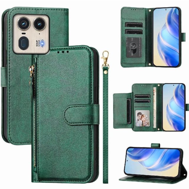 Case for Motorola Edge 50 Ultra Zipper Wallet Flip Cover with Card Holder, Photo Frame, Kickstand & Lanyard, PU Leather Green