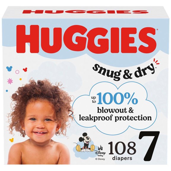 Couches pour bébé Huggies Snug & Dry, taille 7 (31-48 lb), contenant de 108 unités