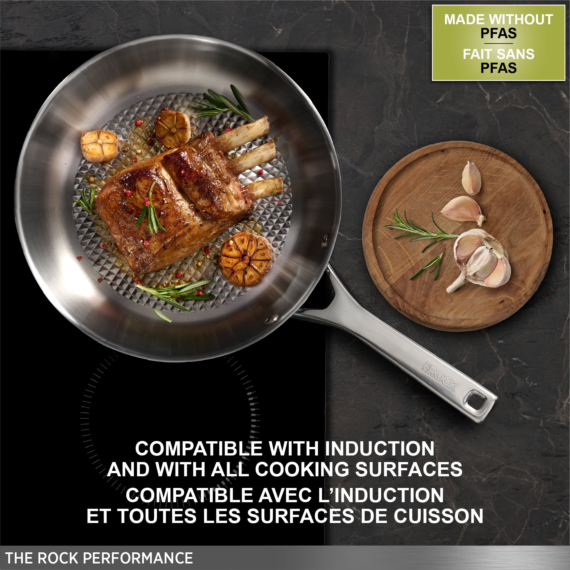Starfrit The Rock Performance Poêle en acier inoxydable 28 cm (11 po) avec technologie Lev.tec, Sans PFAS, Compatible avec l'induction, Va au four et au lave-vaisselle