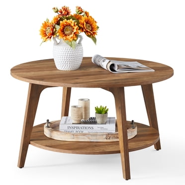 SONGMICS Table Basse Ronde pour la Maison, Table Basse à 2 Niveaux avec Rangement, pour Salon, 31,5 x 17,7 Pouces, Facile à Assembler, Brun Miel