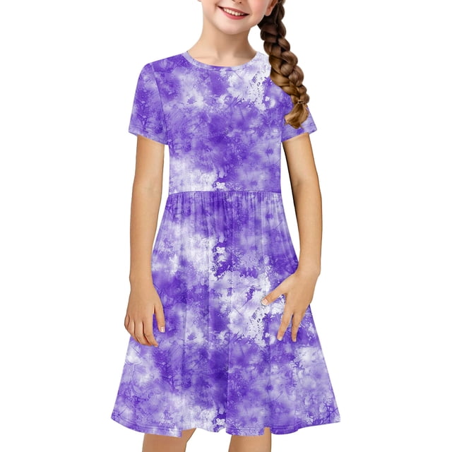 Robe Fille Été Patineuse Robe T-Shirt Teinture sur Nœuds Décontractée à Manches Courtes Robe Fluide pour Enfants 4-14 Ans