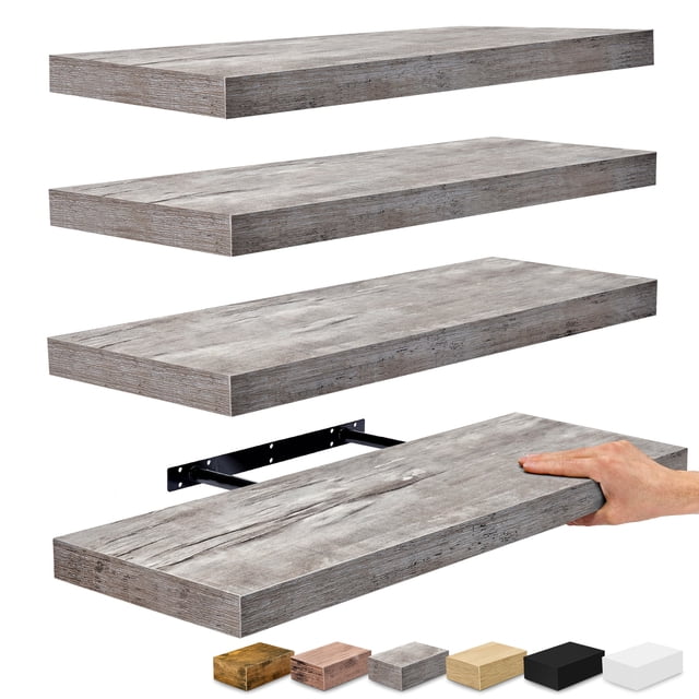 Sorbus Wall Mounted Floating Shelves for Wall Décor, a set of three large 24-inch gray faux wood shelves. The image shows the shelves in a staggered arrangement with a close-up of one being installed using a black metal bracket. Perfect for home décor, functional storage, or as a housewarming gift, these shelves are ideal for displaying decorative items, toiletries, or kitchen essentials.