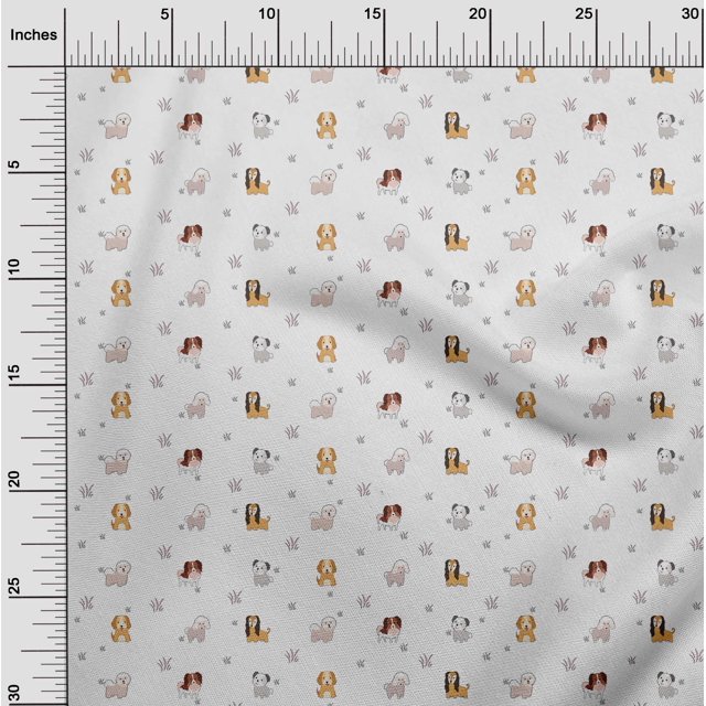 oneOone Polyester Lycra Fabric Grass & Puppies Dog Printed Craft Fabric BTY 56 Inch Wide