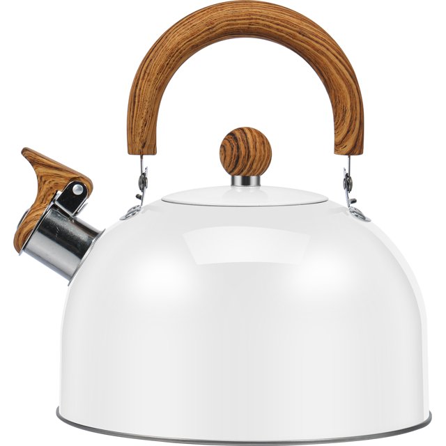 Wekvgz 3/2L Tea Kettle in white with anti-scald wooden handle and rustproof food-grade stainless steel body. Designed for even heating with a flat base and loud whistling spout. Ideal for kitchens, compatible with induction cookers, gas stoves, and electric stoves.