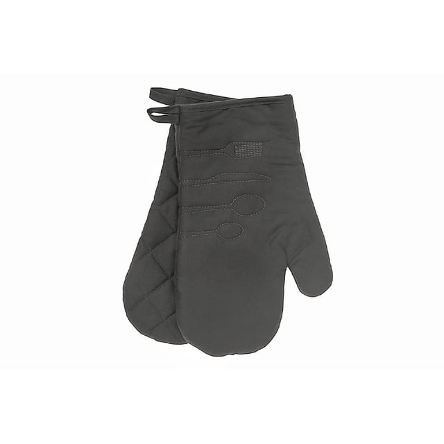 2 PC Utensil Front Stitched Oven Mitt Olive Green with a pair of olive green cotton oven mitts featuring quilted backs and utensil-shaped stitching on the front, designed for heat protection and durability in kitchen cooking and baking.