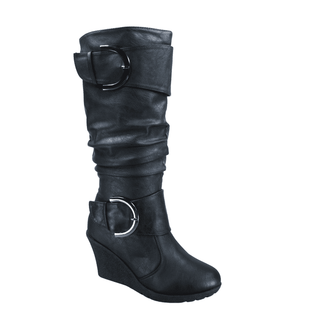 Bottes Mode pour Femmes à Fermeture Éclair Jusqu'au Genou, Talon Compensé Décontracté, Chaussures d'Hiver en Noir, Taille 10. Présente un design à Bout Rond, Matériau en Similicuir, et une Grande Boucle Décorative. Comprend une Fermeture Éclair, une Semelle Intérieure Rembourrée, et un Talon Compensé de 3 Pouces. Longueur de Tige d'Environ 16 Pouces avec une Circonférence d'Ouverture Supérieure de 15 Pouces.