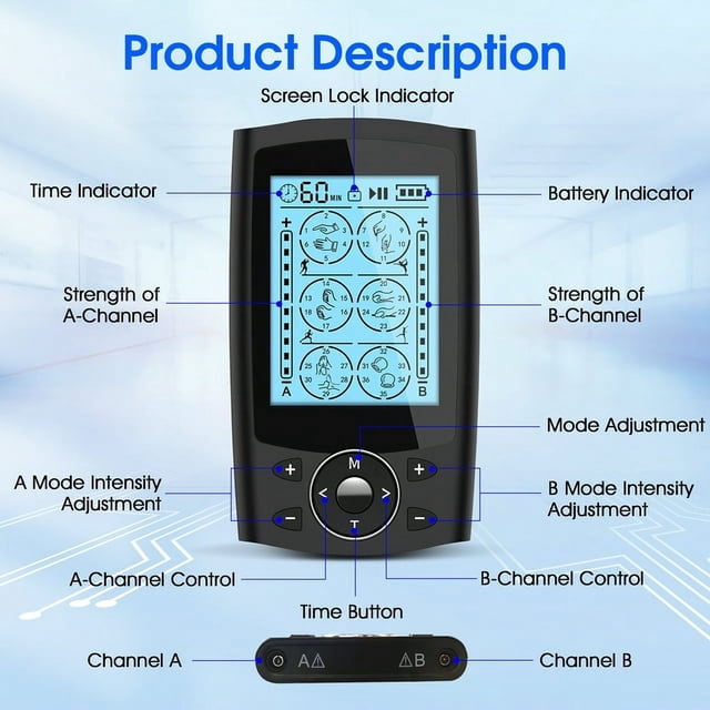 CNKOO Rechargeable TENS Unit Muscle Stimulator in black with a 2.0-inch LCD backlight display. Features 24 pre-programmed stimulation modes for pain relief and muscle therapy, dual independent outputs for customized intensity, and 10 reusable electrode pads. Includes easy button controls for mode, intensity, and timer adjustments. Compact and portable design with USB rechargeable battery. Suitable for back, neck, and muscle pain management.