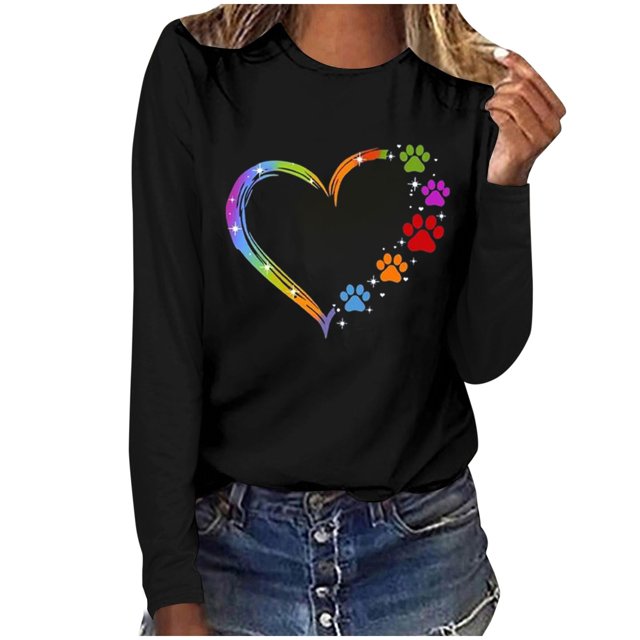Pisexur Hauts d'Automne pour Femmes Mode Mignon Cœur Graphique Imprimé T-Shirt Hauts Col Rond Manches Longues Chemises pour Femmes Habillées Décontractées Sorties Hauts Confort Polyvalent Léger T-Shirts