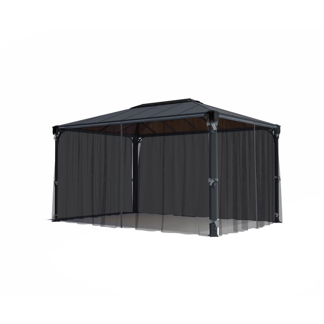 Palram Martinique 4300 Mosquito Netting set installed on a dark grey metal gazebo frame with a pitched roof, featuring dark grey waterproof polyester mesh curtains that zip together and tie to corner posts, providing outdoor shade, insect protection, and privacy.