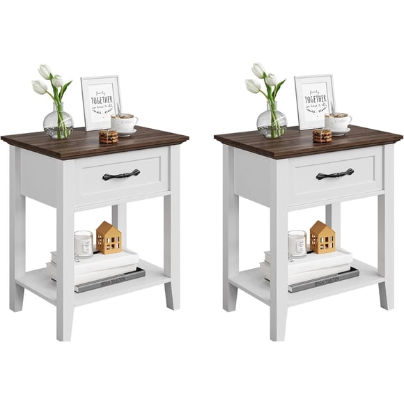 Nightstands Set of 2, End Table with Drawer, Side Table for Spaces, 2 Tiers Storage Shelves with Dresser, Bedside Table for Living Room, Bedroom, Dorm (2pcs-White)