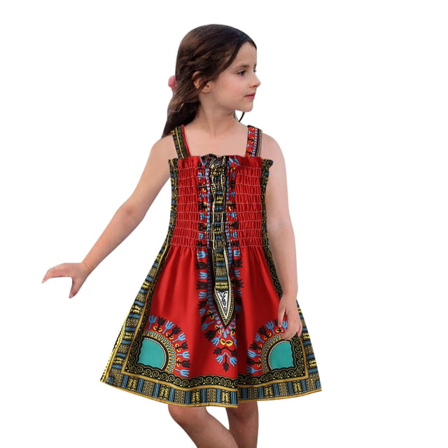 WEAIXIMIUNG Robes de Fête pour Filles 6T Style Traditionnel Sans Manches Robes à Bretelles Enfants Ankara