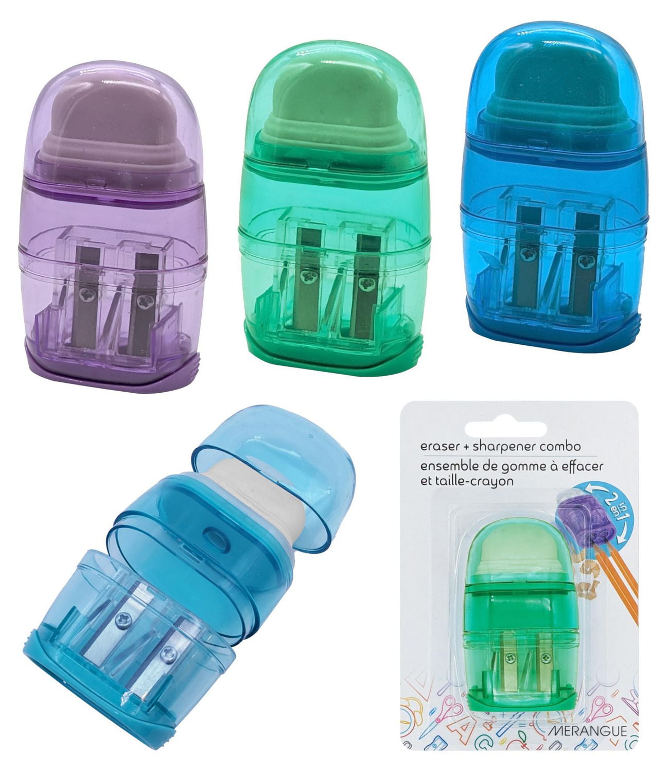 Merangue 2-in-1 Eraser and Sharpener Combo, Assorted, 4 Pack
