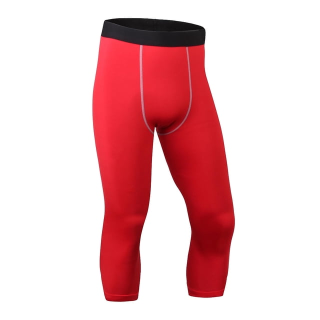 Men's Compression 3/4 Pants with Pockets,Workout Athletic Stretch Tights Leggings Athletic Base Layer