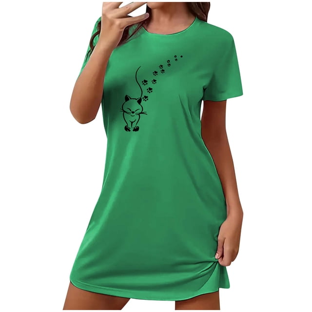 Mrat Pyjama Mignon Nuisette pour Femme Tenue de Nuit Manches Courtes Chemise de Nuit Décontractée Imprimée Robe de Nuit Ample Confortable Pyjama S-78 Vert TG