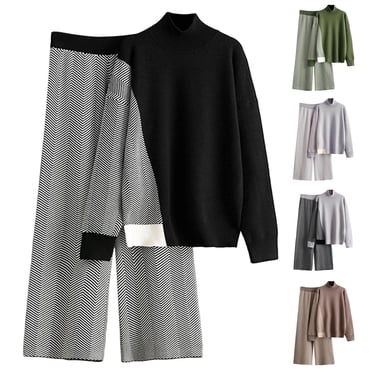 YOIAVAIOY Women's Fashion Sweater Set 2 Piece Color Block Lounge Outfits Mock Neck Knit Pullover Top and Wide Leg Pants Matching Set Elegant Casual Sets Khaki Free Size