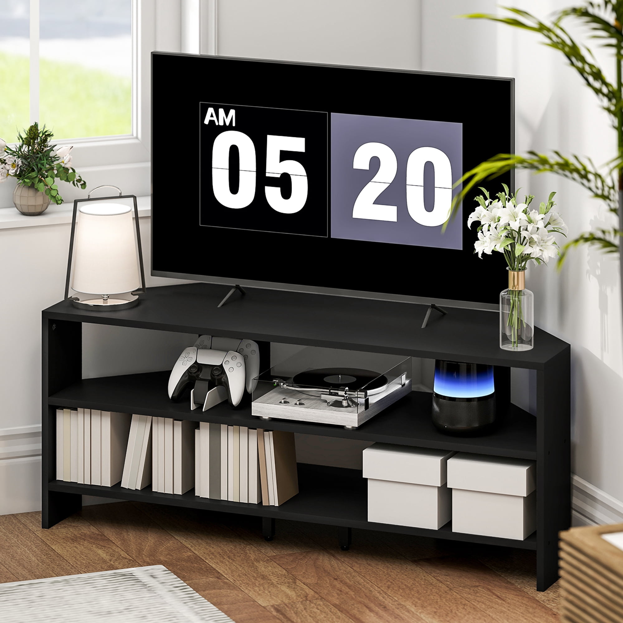 HOMCOM Meuble TV d'Angle pour TV de 47 po, Console TV avec 2 Étagères Ouvertes, Noir