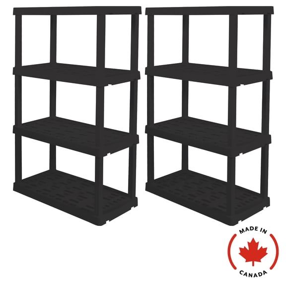Étagères de rangement de garage en plastique ultra-résistant à 4 niveaux (H 142 cm x P 45 cm x L 91 cm), lot de 2, noir, capacité totale de 272 kg.