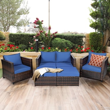 Patiojoy 5 Pieces Patio Furniture Set Sectional Wicker Sofa Conversation Set with Removable Cushions Navy