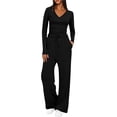 thumbnail image 1 of Diufon Matching Lounge Sets for Women Fall Outfits Long Sleeve V Neck Shirts Wide Leg Drawstring Pants with Pockets, 1 of 9