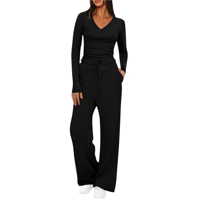 Diufon Matching Lounge Sets for Women Fall Outfits Long Sleeve V Neck Shirts Wide Leg Drawstring Pants with Pockets