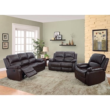 Beverly Furniture Ensemble de 3 Pcs en Cuir Reconstitué Canapé et Causeuse et Fauteuil avec 5 Fauteuils Inclinables (Ensemble de 1), Brun