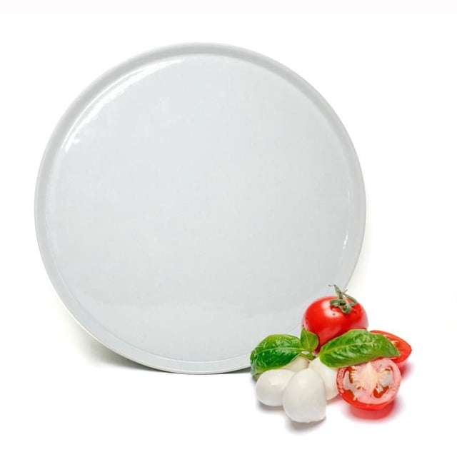 BIA Large Pizza Plates set of 2 white porcelain plates, 30 cm diameter, shown with fresh tomatoes, basil leaves, and mozzarella balls, suitable for serving pizza and other dishes in a dining setting.
