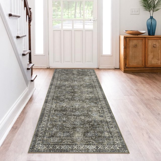 FairOnly Area Rugs 2'x6' Machine Washable Rugs,Floral Vintage Print Pattern Non Slip Floor Carpet, for Living Room Bedroom Dining Room,Brown & Green