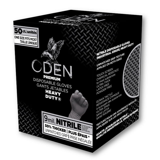 Oden Boîte à Gants en Nitrile Robuste 50 Ct en Noir avec Texte Blanc Mettant en Valeur 9 mil Gants Jetables Ultra-Épais pour Usage Industriel, Offrant une texture d'Adhérence Inégalée des Deux Côtés, Résistance Chimique, Compatibilité Écran Tactile, Sans latex Ni Poudre, Convient aux Équipements de Protection Personnelle.
