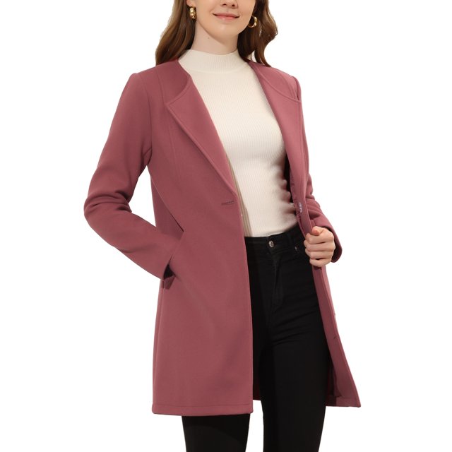 INSPIRE CHIC Women's Half Lapel Long Sleeves One Button Winter Mid-Length Overcoat M Dusty Pink