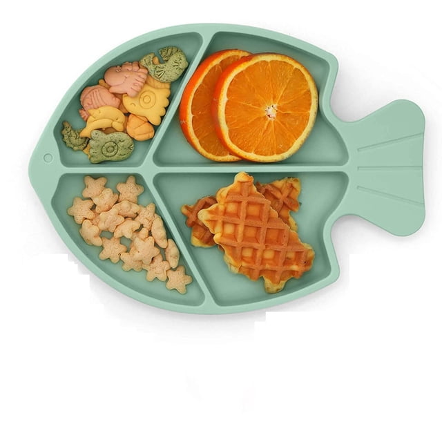 Silicone Baby Suction Plates with Spoon and Fork Set, Toddler and Kids Divided Dishes, Baby First Stage Self Feeding Training Utensils BPA Free