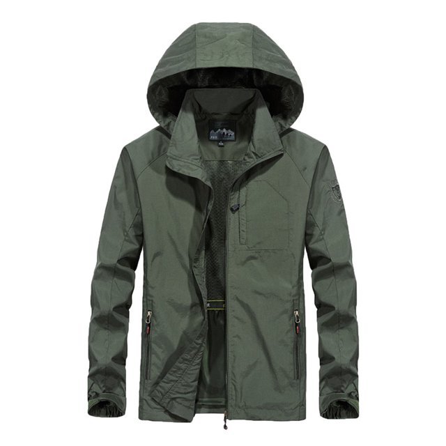 Veste de Pluie Imperméable pour Hommes, Légère, avec Capuche et Fermeture Éclair, Manteau de Randonnée, L, Vert Armée