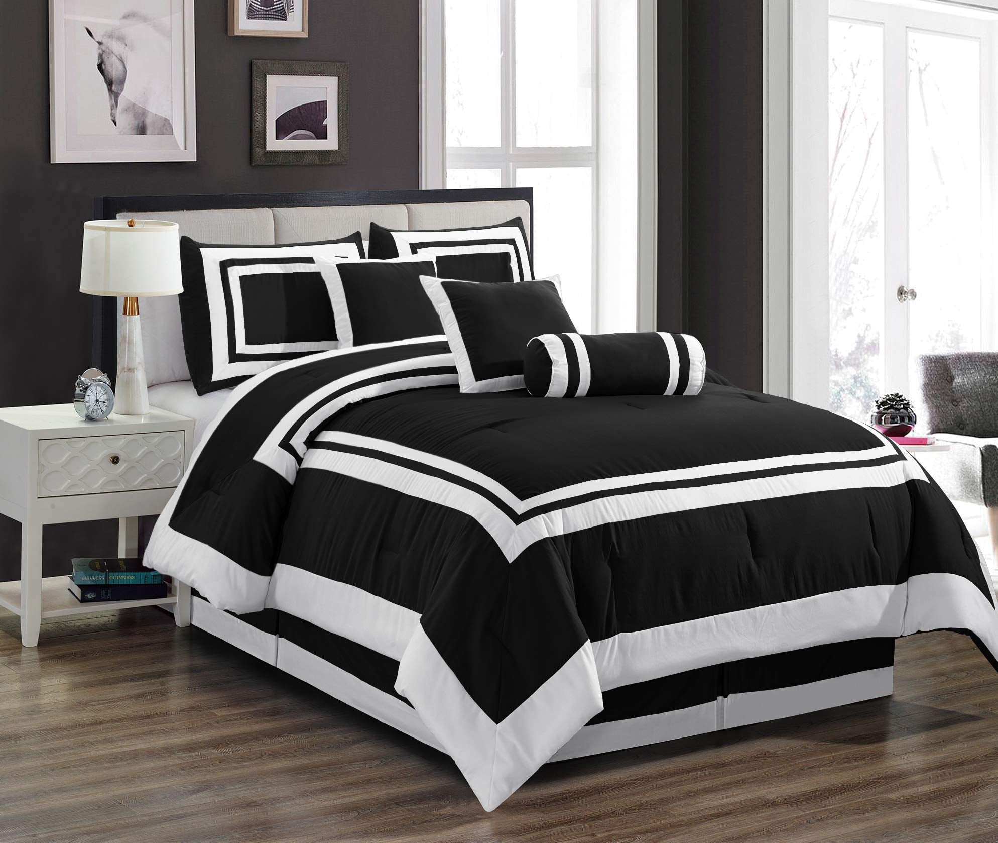 Chezmoi Collection Caprice 7-Piece Hotel Style Comforter Set - Black/White Square Pattern Modern Color Block Bedding with Decorative Pillows - Luxurious Lightweight All Season Bed Set, King