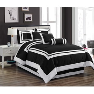 Chezmoi Collection Caprice 7-Piece Hotel Style Comforter Set - Black/White Square Pattern Modern Color Block Bedding with Decorative Pillows - Luxurious Lightweight All Season Bed Set, King