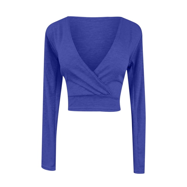 AherBiu Crop Tops for Women Long Sleeve Wrap Deep V Neck Basic Top Tees Shirts Blouse Solid Color