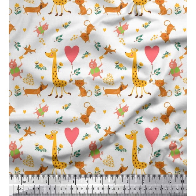 Soimoi Modal Satin Fabric Balloon,Floral & Cute Animals Cartoon Print Fabric by Yard 42 Inch Wide