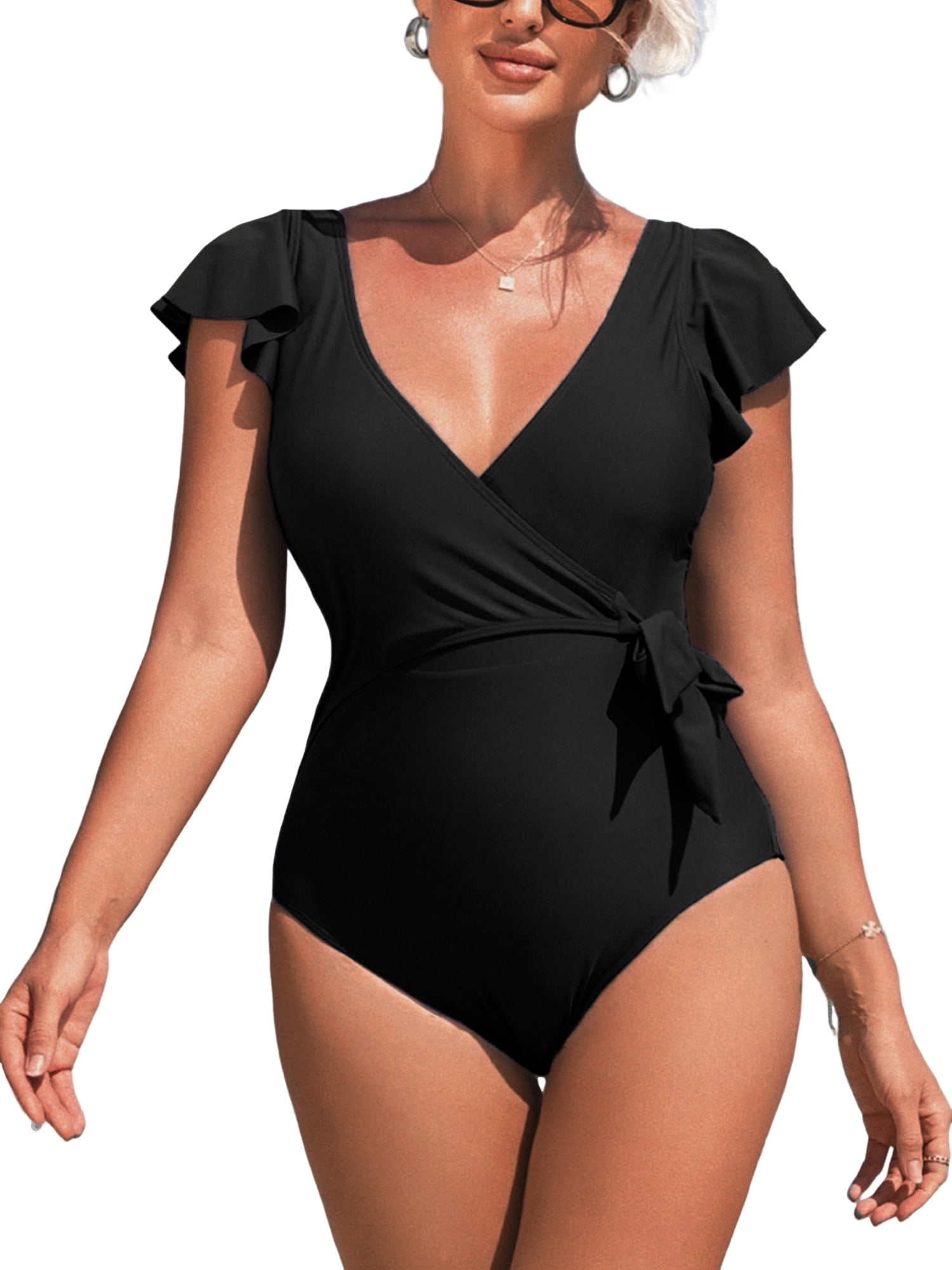 Charmo Ruffled Sleeve One Piece Monikini Swiwear for Womens V Neck Swimsuit Backless Bath Suit