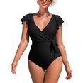 thumbnail image 1 of Charmo Ruffled Sleeve One Piece Monikini Swiwear for Womens V Neck Swimsuit Backless Bath Suit, 1 of 5