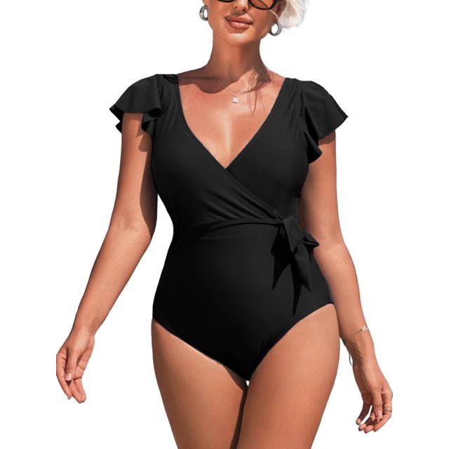 Charmo Ruffled Sleeve One Piece Monikini Swiwear for Womens V Neck Swimsuit Backless Bath Suit