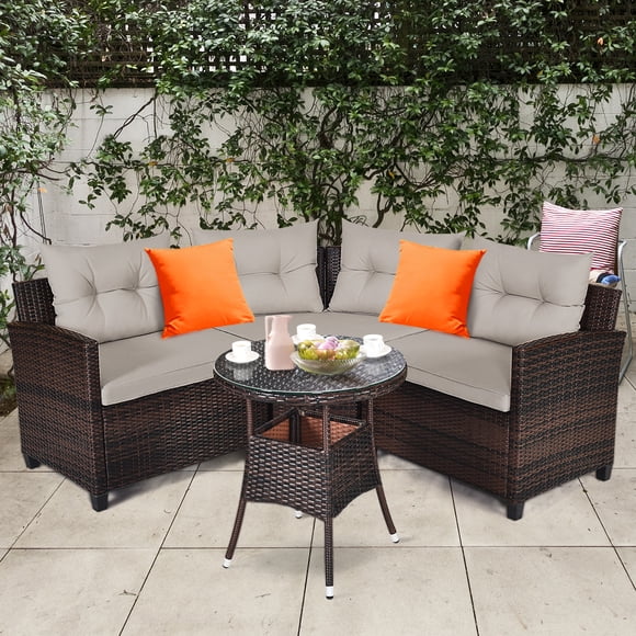 Gymax 4PCS Patio Furniture Set Outdoor Rattan Sectional w/ Cushioned Sofa Table