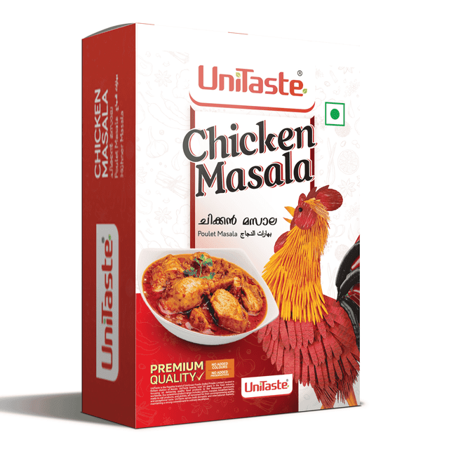 Unitaste Chicken Masala – 5.6oz/160g, a premium aromatic spice blend for chicken dishes. The packaging features a vibrant design with a bowl of chicken curry, a rooster illustration, and multilingual text. Ideal for curries, grills, and roasts, this masala enhances flavor and adds a rich aroma to meals.