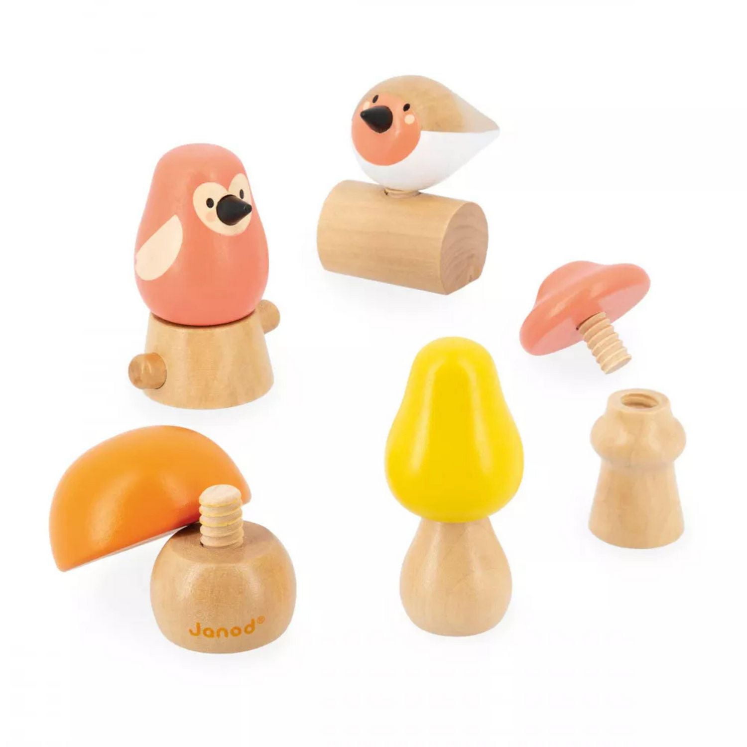 Janod - Oiseaux et Champignons à Visser - Jouet de Construction et d'Empilage - Jeu de Manipulation et de Préhension - Bois - Éveil Précoce - Pour Bébés et Tout-Petits - Dès 18 Mois - J08643