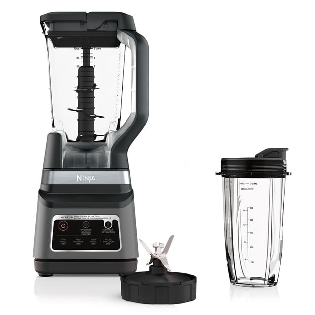 Ninja Professional Plus Blender DUO with Auto-iQ, 1400-Peak-Watt featuring a black and silver base with control panel, a 72 oz clear Total Crushing pitcher with measurement markings and black lid, a single-serve cup with spout lid, and an extra blade assembly, suitable for making smoothies and nutrient extractions.