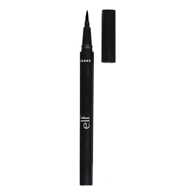 e.l.f Cosmetics Intense H20 eyeliner pen in jet black with a slim black cylindrical body and pointed felt tip applicator, uncapped with the cap beside it on a white background, featuring a waterproof, smudge-proof liquid formula ideal for precise lash line enhancement.