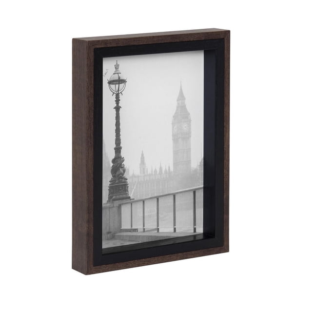 hometrends Gibson Two Tone Picture Frame displaying a 5" x 7" black and white photo of Big Ben and a decorative street lamp, featuring a dark brown woodgrain outer frame with a black inner border and shadowbox depth, suitable for tabletop or wall display.