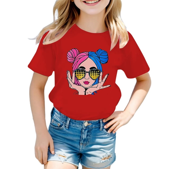TZEWGL Tees For Child Graphic Printing Round Neck Short Sleeve Clothes For Girls Boys size 13-14T