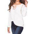 thumbnail image 1 of Women Lace Spliced Keyhole Crew Neck Long Sleeve Hollow Shirt, 1 of 7