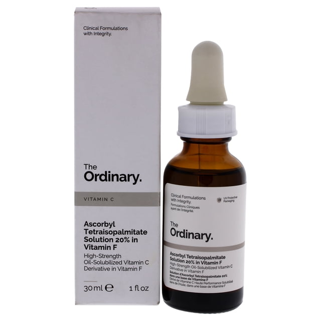 Solution d'Ascorbyl Tétraisopalmitate par The Ordinary pour Unisexe - Traitement de 1 oz. une Solution d'Huile à Haute Résistance avec un Dérivé de Vitamine C et des Acides Gras Essentiels, Conçue pour Illuminer le Teint et Réduire les Signes de Vieillissement. l'Image Montre une Bouteille en Verre Ambre de 30 ml avec un Bouchon Compte-Gouttes Blanc, Placée à Côté de Sa Boîte d'Emballage Blanche Étiquetée avec les Détails du Produit.