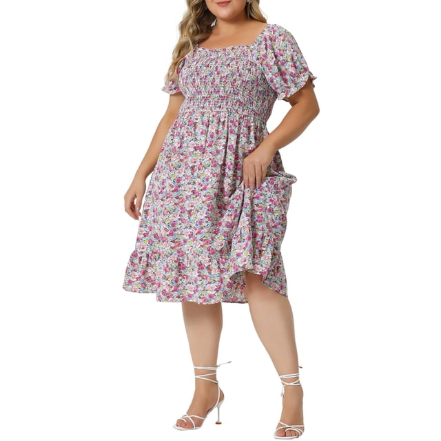 Agnes Orinda Women's Plus Size Dress Ruffle Short Sleeves Flared Flowy Smock Floral Mid Dresses 1X Pink