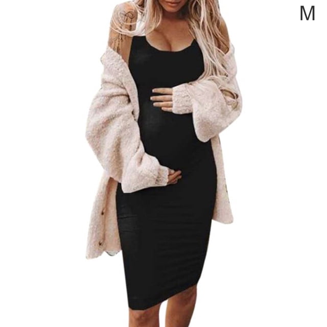 Robe Femme Enceinte Sans Manches Robe Courte Couleur Unie Tenue d'Été, Noir, m