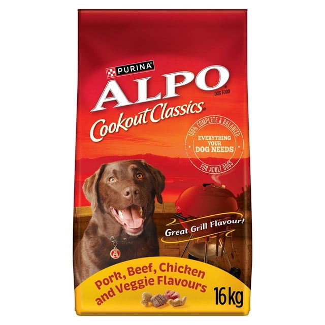 Alpo Cookout Classics Pork, Beef, Chicken and Veggie Flavours dry dog food 16 kg bag with red and orange sunset background, featuring a brown dog with collar and a smoking charcoal grill, highlighting complete and balanced nutrition and great grill flavour for adult dogs